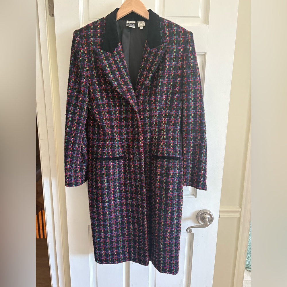 Vintage Oleg Cassini Black Multicolor Tweed Coat